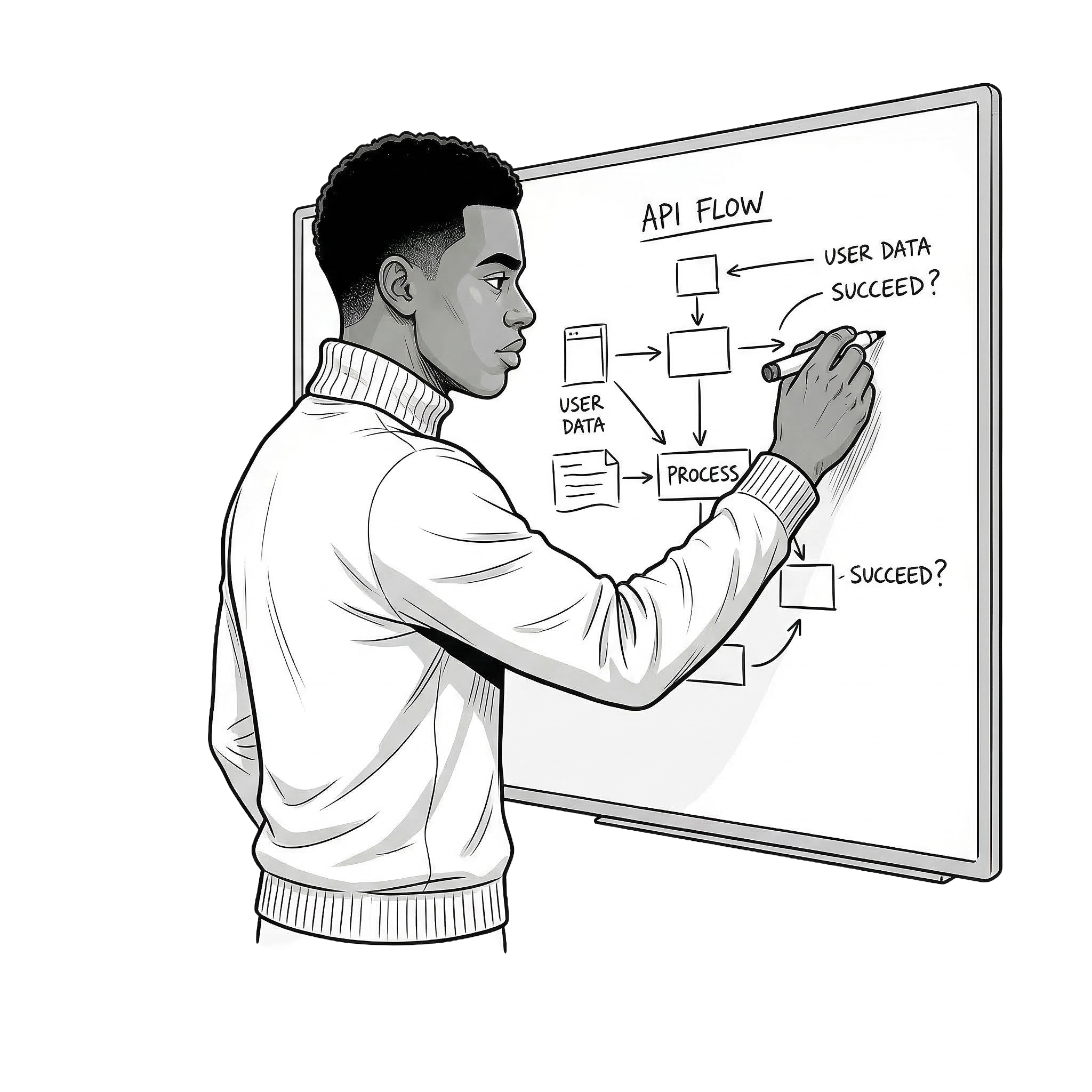 Yonis at a whiteboard working through an API flow diagram